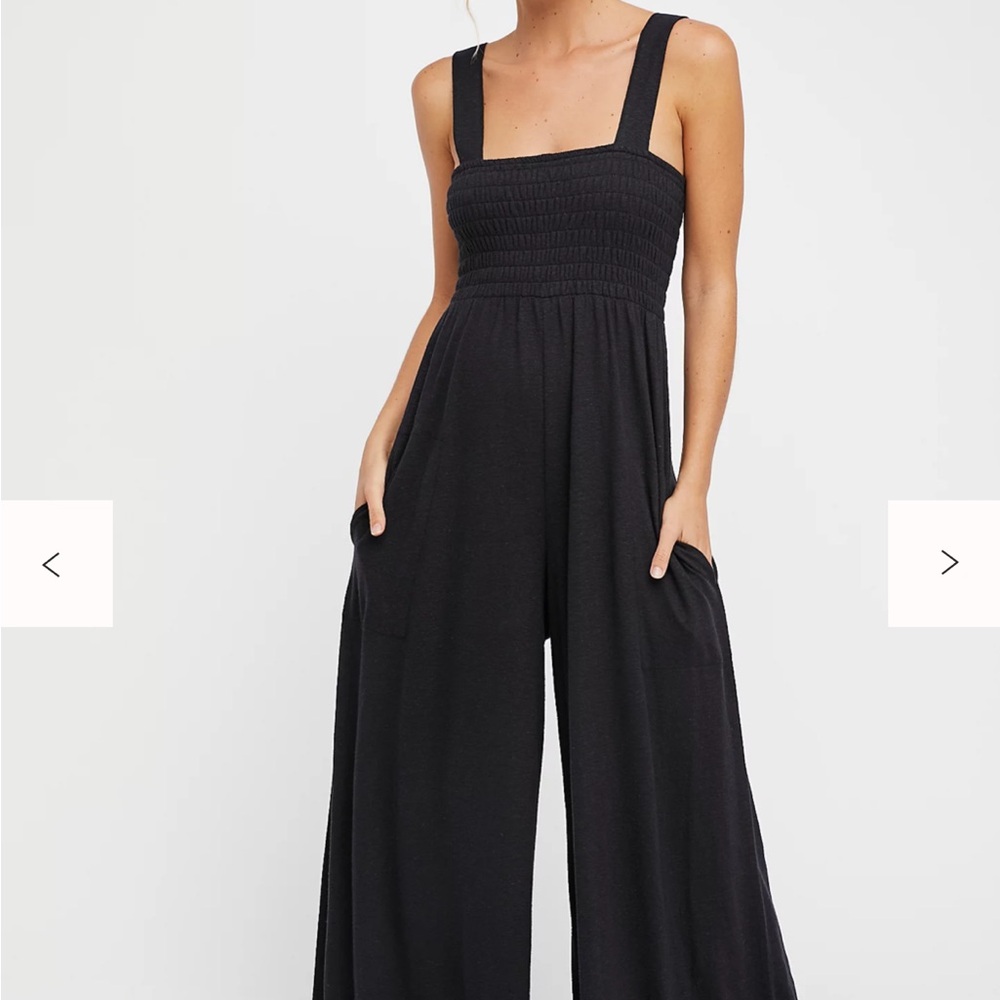 FREE PEOPLE Beach Homecoming Jumper, Wide Leg Jumpsuit, Smocked Black Soft